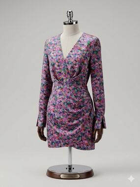 Zara Purple Multicolor Floral Wrap Long-Sleeve Dress
